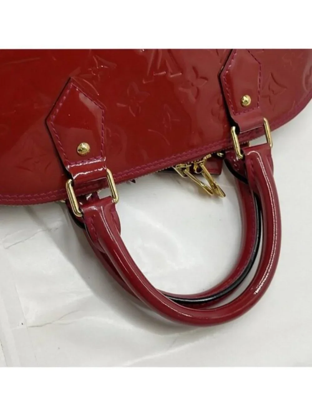 Authentic Louis Vuitton Alma GM Vernis Red Patent Leather Satchel Handbag LV